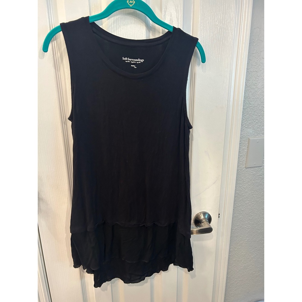 Soft Surroundings Tank Top Black Layered High Low‎ Ruffle Hem Sleeveless Knit